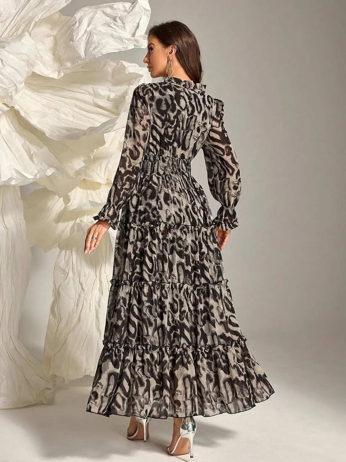 TOLEEN Summer Casual Dresses for Women 2024 Spring Fashion Boho V Neck Long Sleeve Ruffle Floral Print Elegant Maxi Dress