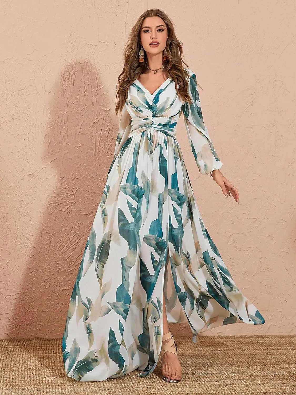 TOLEEN Summer Casual Dresses for Women 2024 Spring Fashion Boho V Neck Long Sleeve Ruffle Floral Print Elegant Maxi Dress