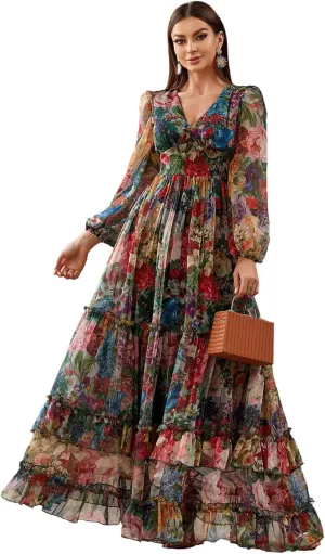 TOLEEN Summer Casual Dresses for Women 2024 Spring Fashion Boho V Neck Long Sleeve Ruffle Floral Print Elegant Maxi Dress