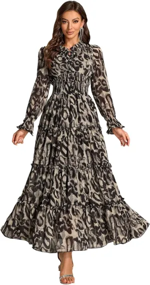 TOLEEN Summer Casual Dresses for Women 2024 Spring Fashion Boho V Neck Long Sleeve Ruffle Floral Print Elegant Maxi Dress
