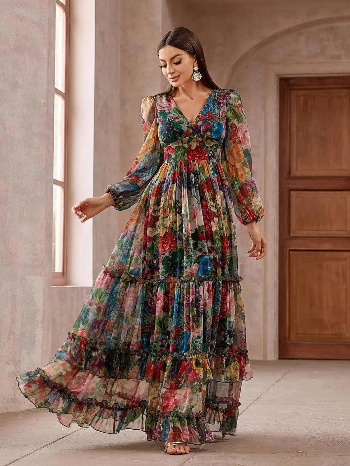 TOLEEN Summer Casual Dresses for Women 2024 Spring Fashion Boho V Neck Long Sleeve Ruffle Floral Print Elegant Maxi Dress