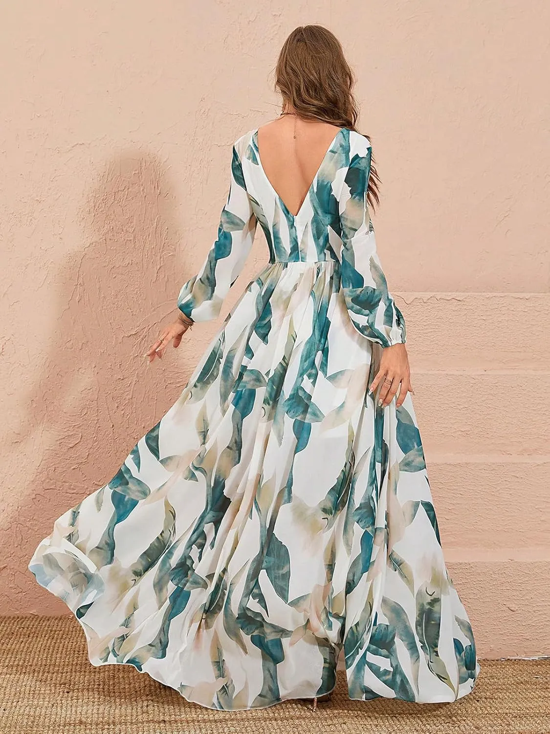 TOLEEN Summer Casual Dresses for Women 2024 Spring Fashion Boho V Neck Long Sleeve Ruffle Floral Print Elegant Maxi Dress