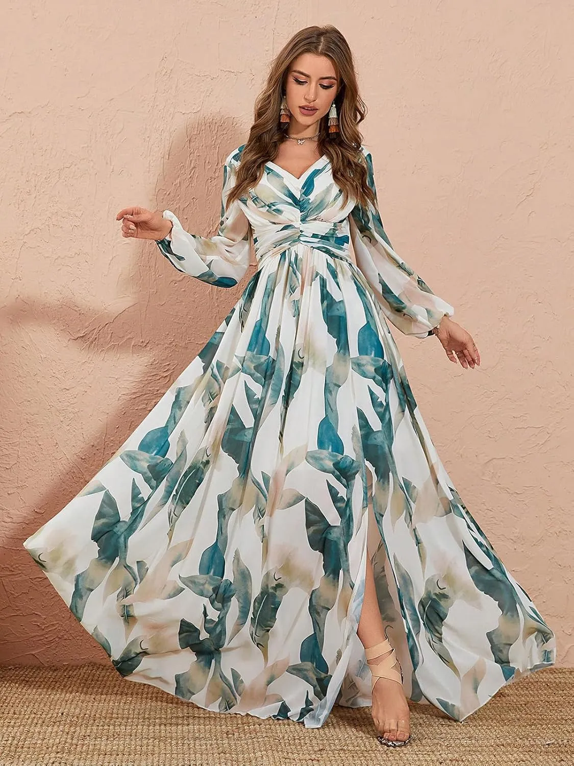 TOLEEN Summer Casual Dresses for Women 2024 Spring Fashion Boho V Neck Long Sleeve Ruffle Floral Print Elegant Maxi Dress