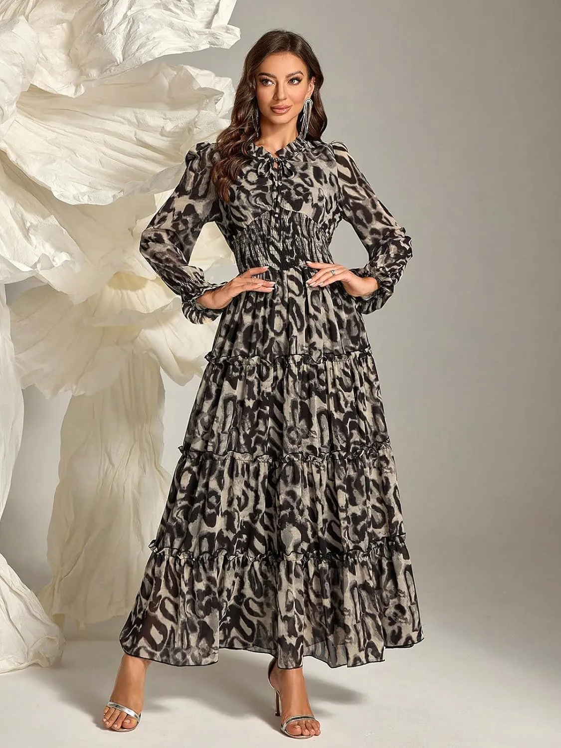 TOLEEN Summer Casual Dresses for Women 2024 Spring Fashion Boho V Neck Long Sleeve Ruffle Floral Print Elegant Maxi Dress