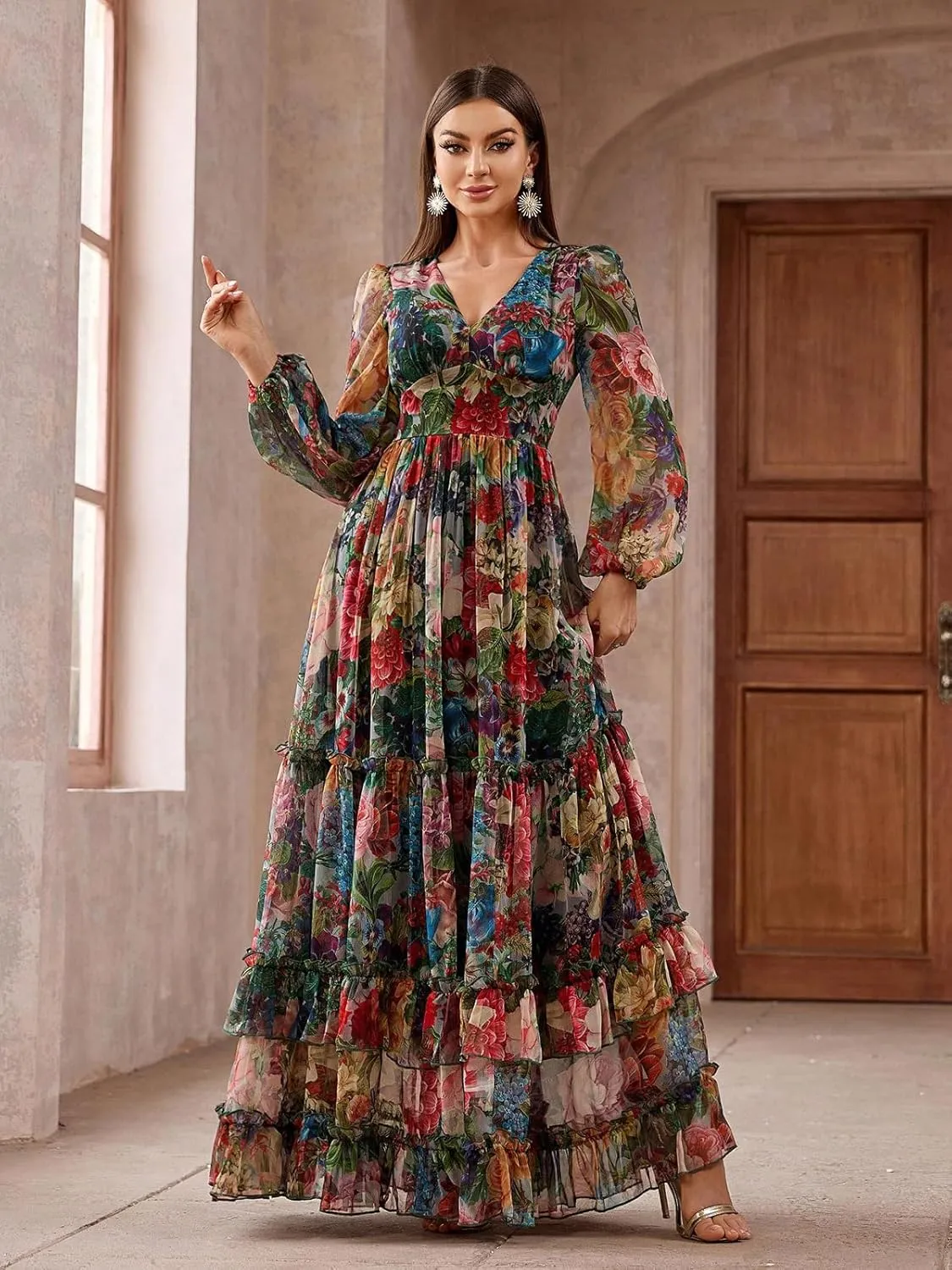 TOLEEN Summer Casual Dresses for Women 2024 Spring Fashion Boho V Neck Long Sleeve Ruffle Floral Print Elegant Maxi Dress