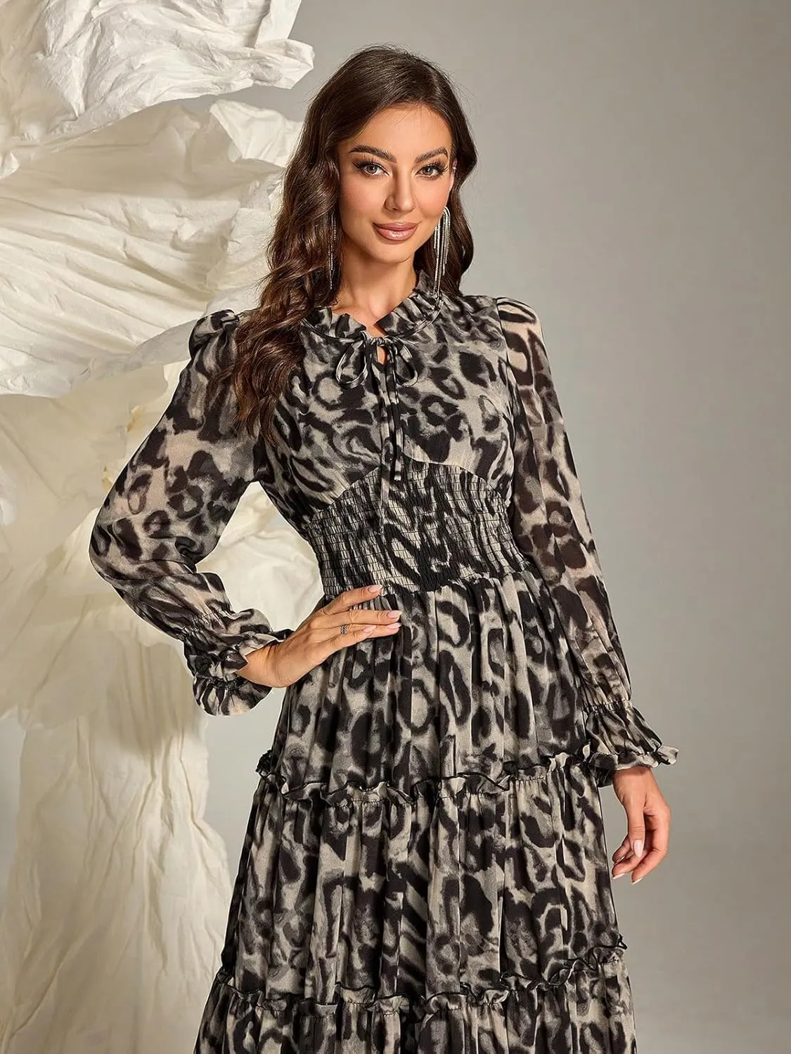 TOLEEN Summer Casual Dresses for Women 2024 Spring Fashion Boho V Neck Long Sleeve Ruffle Floral Print Elegant Maxi Dress