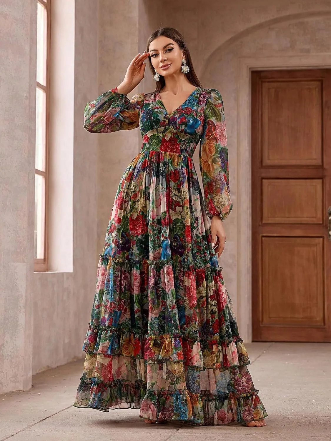 TOLEEN Summer Casual Dresses for Women 2024 Spring Fashion Boho V Neck Long Sleeve Ruffle Floral Print Elegant Maxi Dress