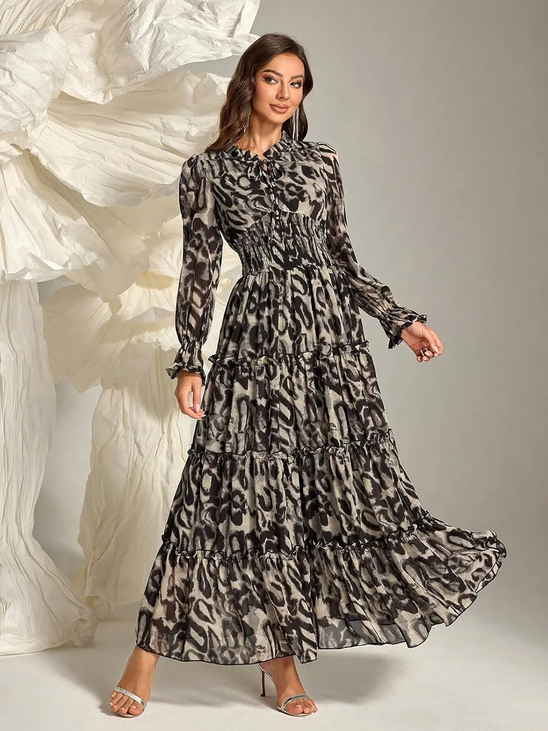 TOLEEN Summer Casual Dresses for Women 2024 Spring Fashion Boho V Neck Long Sleeve Ruffle Floral Print Elegant Maxi Dress