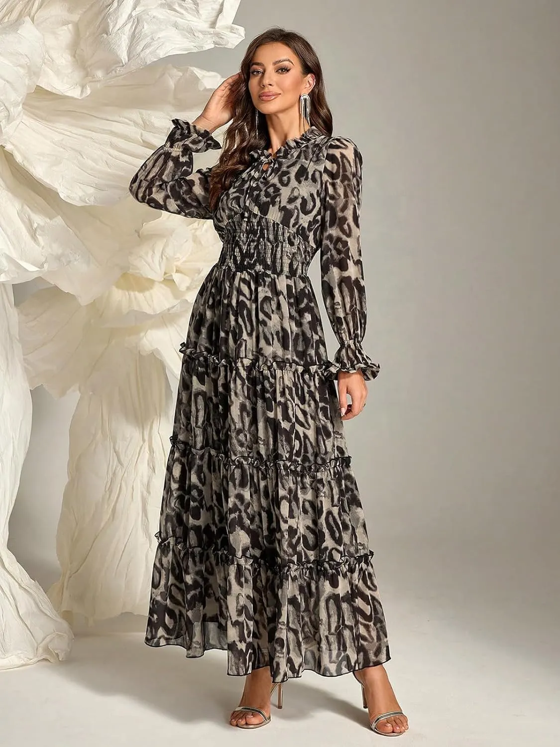TOLEEN Summer Casual Dresses for Women 2024 Spring Fashion Boho V Neck Long Sleeve Ruffle Floral Print Elegant Maxi Dress
