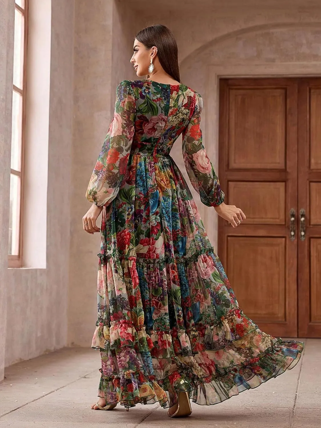 TOLEEN Summer Casual Dresses for Women 2024 Spring Fashion Boho V Neck Long Sleeve Ruffle Floral Print Elegant Maxi Dress