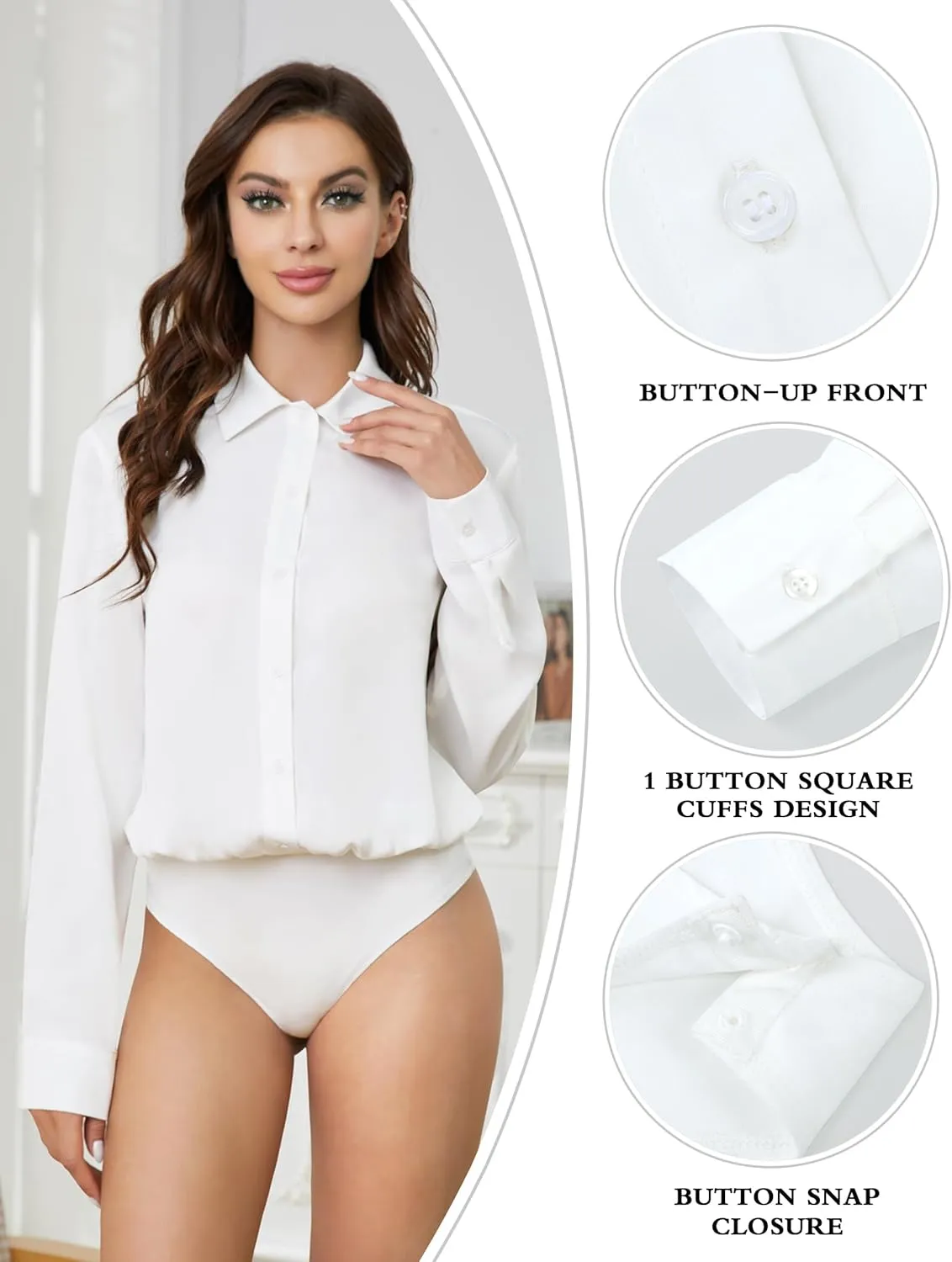 TQD Women Button Down Bodysuit Long Sleeve Collared Shirt Satin Blouse Bodysuits Tops Business Casual Office Professional