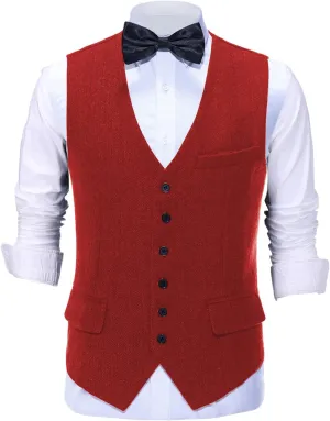 Tuikayoo Mens Herringbone Suits Vests Wool Business Tweed Retro Waistcoats Groomsman Slim Fit