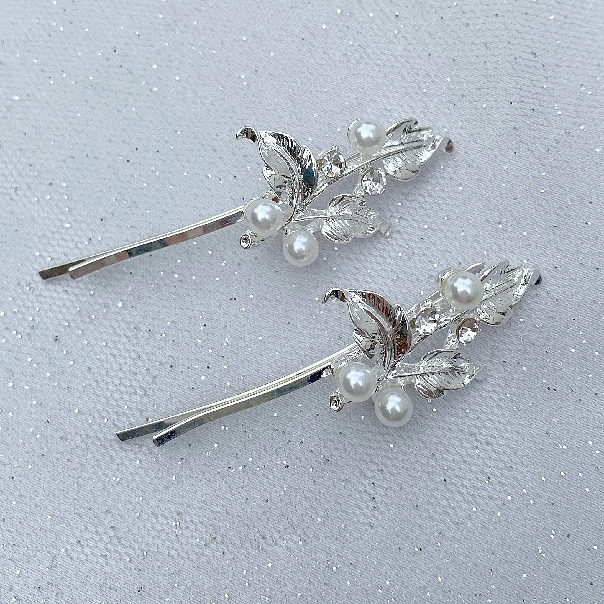 Wedding Hair Clips Silver Pearl Hair Slides Set of 2