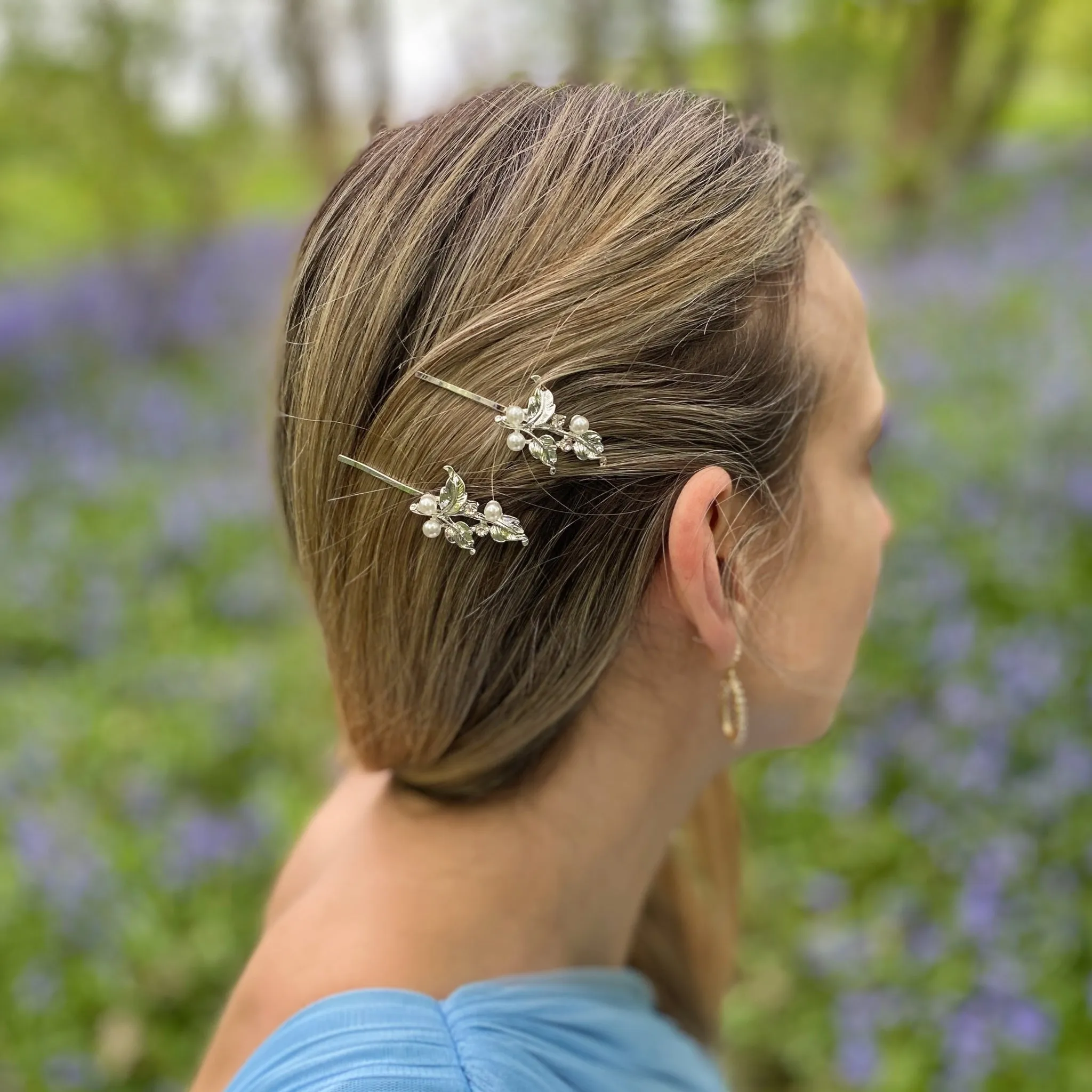 Wedding Hair Clips Silver Pearl Hair Slides Set of 2