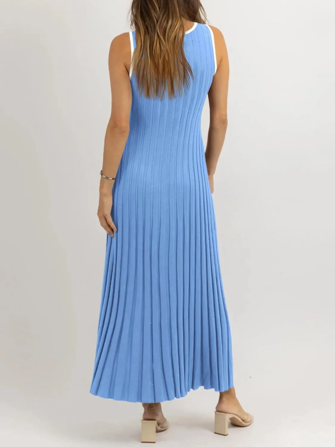 Wenrine Womens Sleeveless Maxi Dress Summer Hollow Out Crewneck Casual Ribbed Knit Slim Fit Tank Dresses