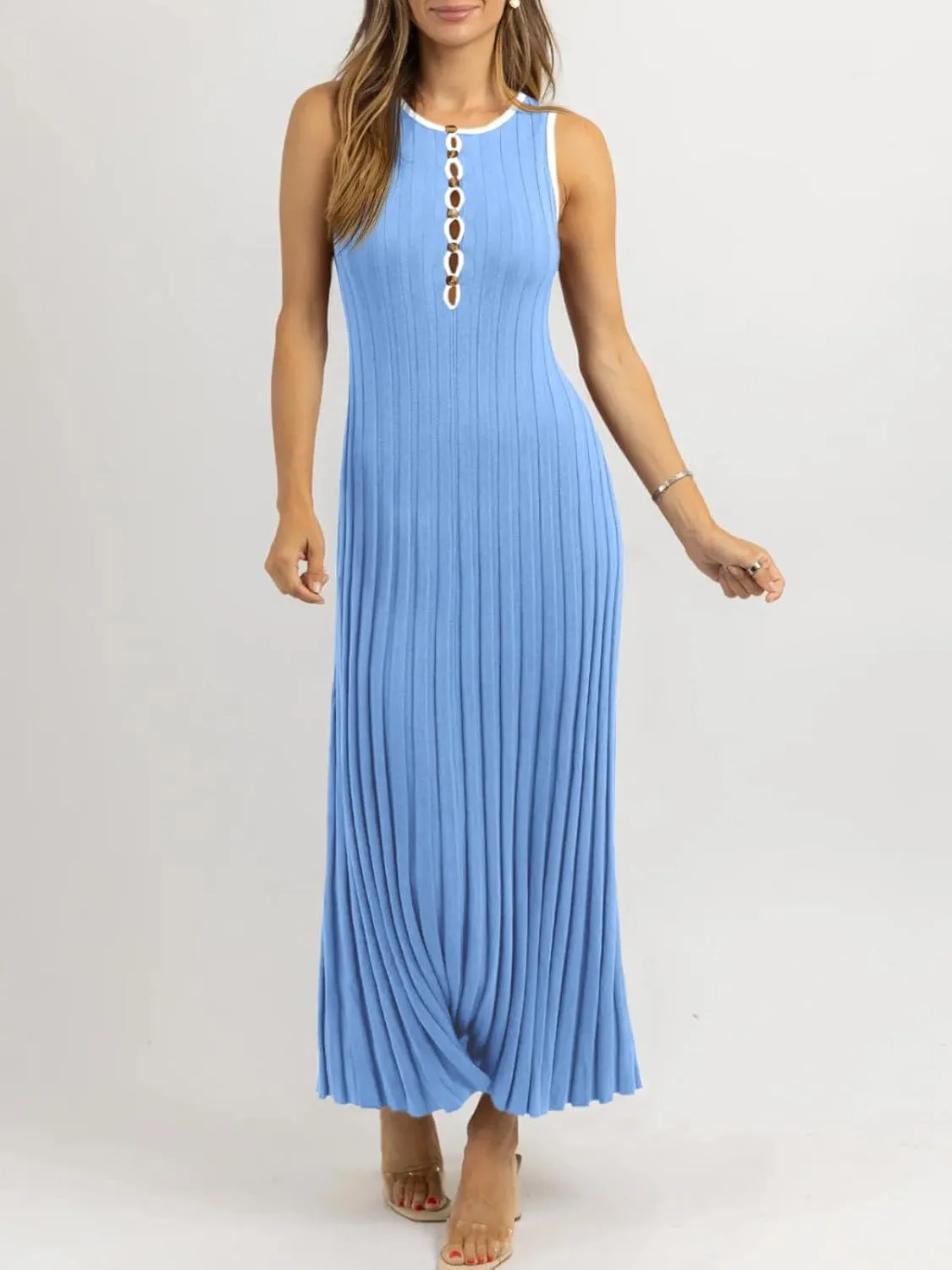 Wenrine Womens Sleeveless Maxi Dress Summer Hollow Out Crewneck Casual Ribbed Knit Slim Fit Tank Dresses