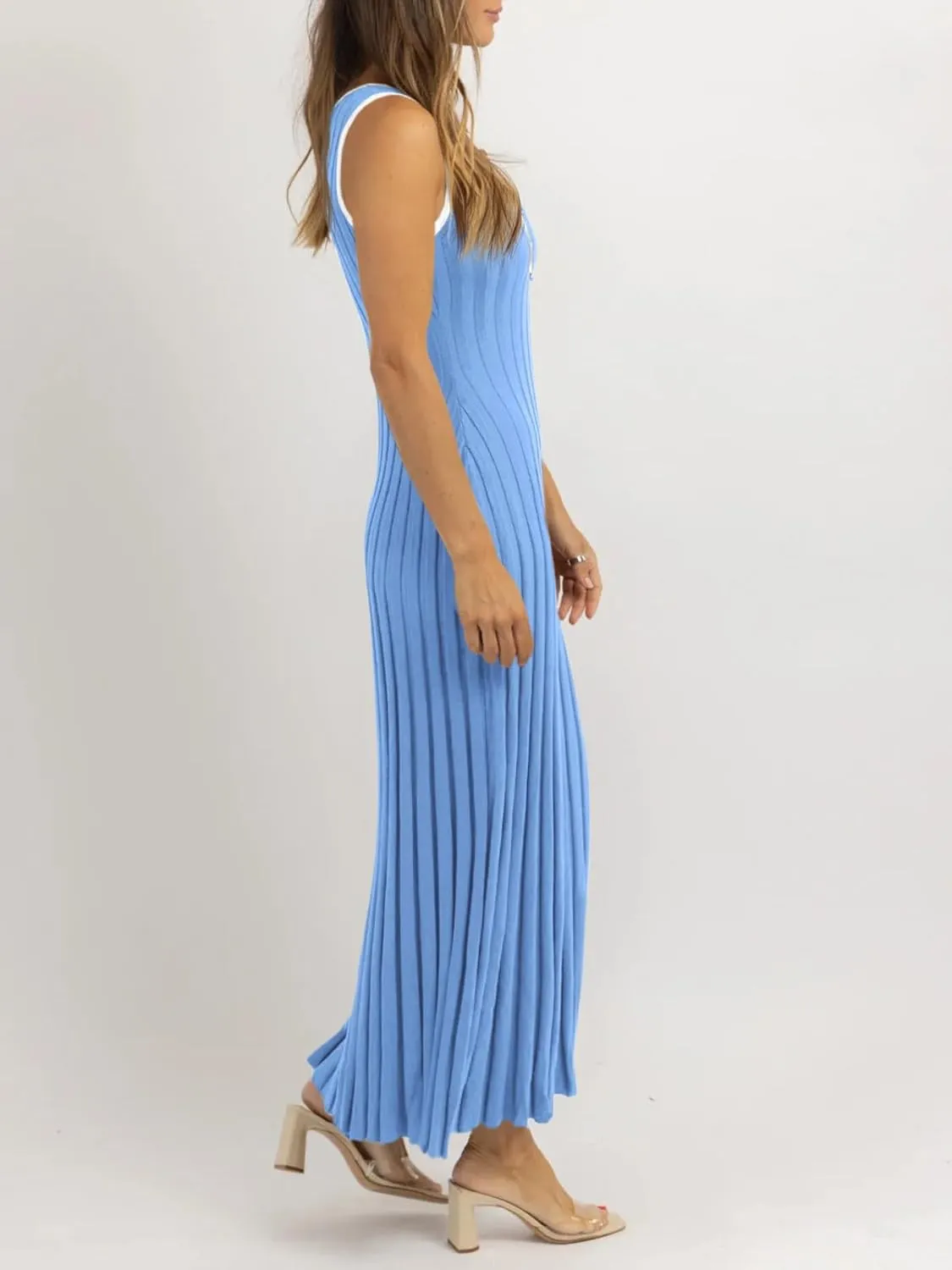 Wenrine Womens Sleeveless Maxi Dress Summer Hollow Out Crewneck Casual Ribbed Knit Slim Fit Tank Dresses