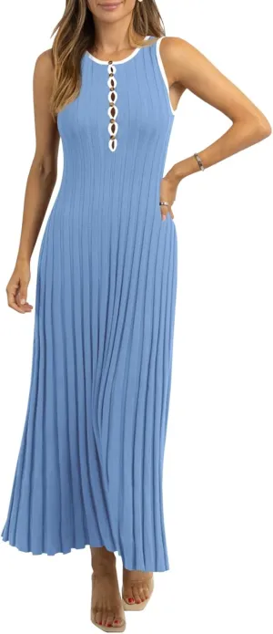 Wenrine Womens Sleeveless Maxi Dress Summer Hollow Out Crewneck Casual Ribbed Knit Slim Fit Tank Dresses