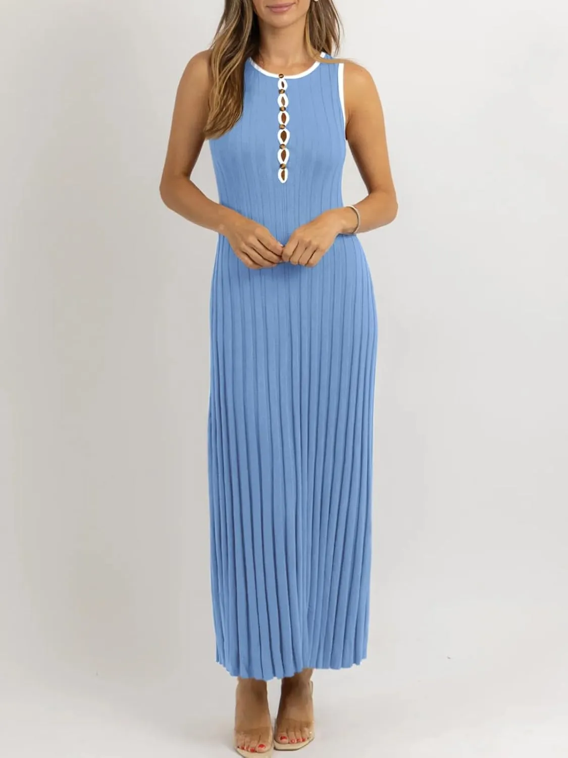 Wenrine Womens Sleeveless Maxi Dress Summer Hollow Out Crewneck Casual Ribbed Knit Slim Fit Tank Dresses