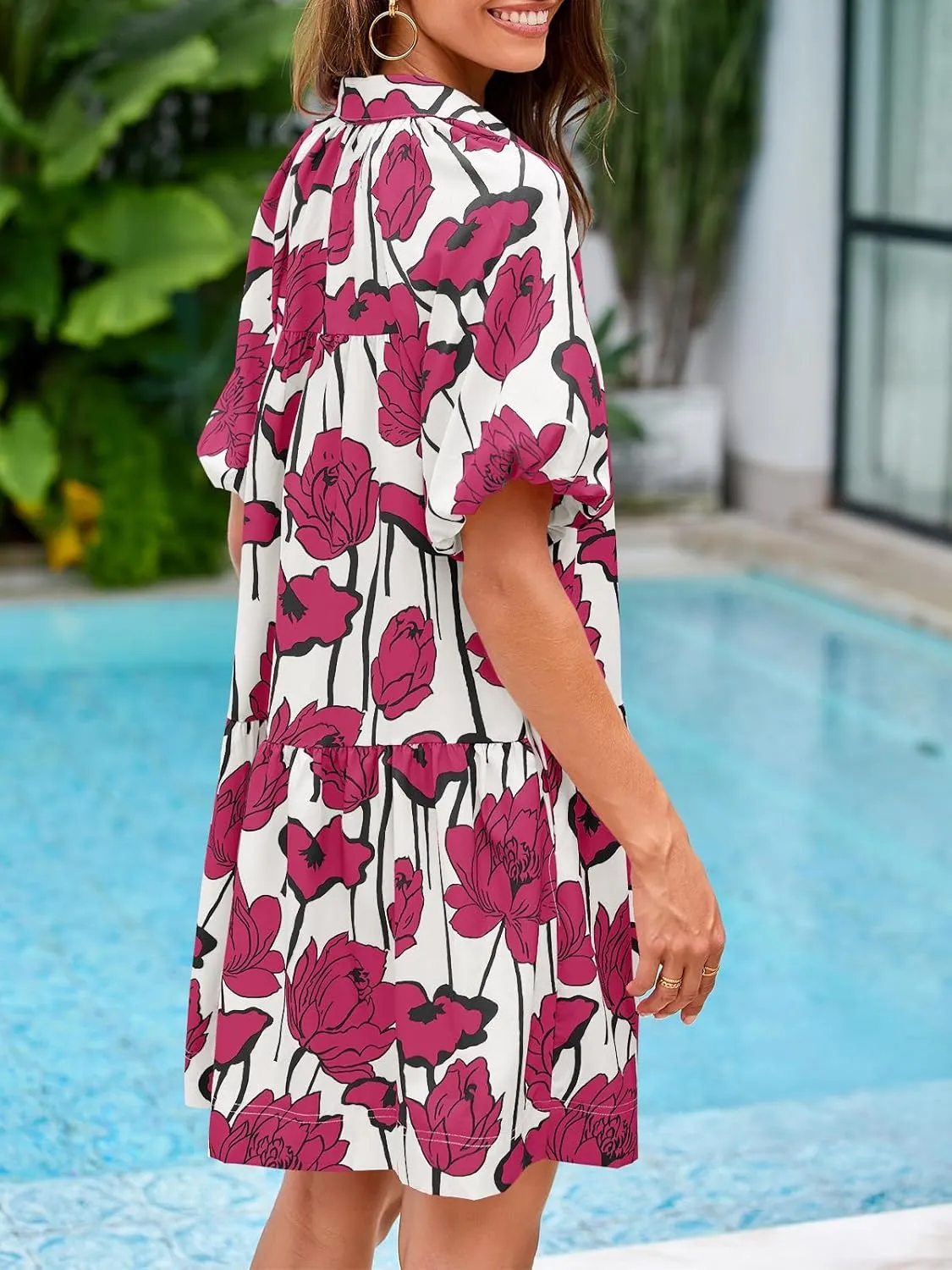Wenrine Women's Summer Button Down Shirt Dress Floral Puff Short Sleeve Casual Loose Fit Beach Mini Dresses