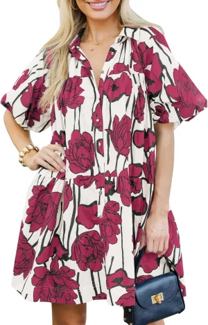 Wenrine Women's Summer Button Down Shirt Dress Floral Puff Short Sleeve Casual Loose Fit Beach Mini Dresses