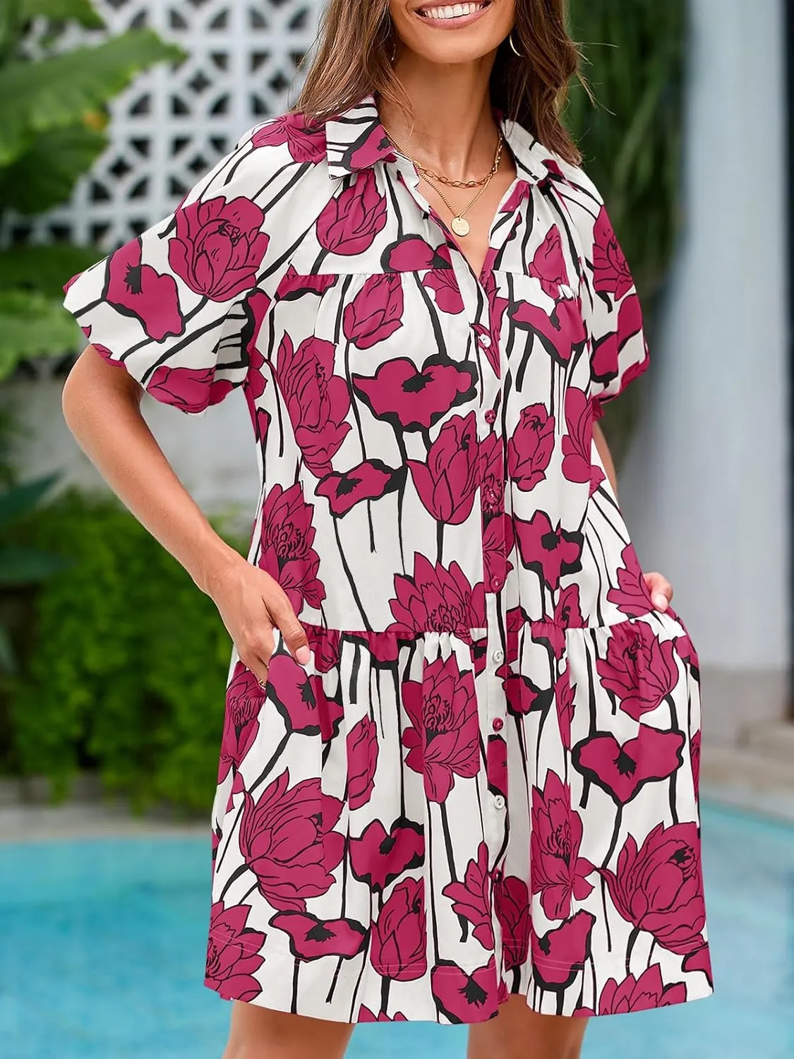 Wenrine Women's Summer Button Down Shirt Dress Floral Puff Short Sleeve Casual Loose Fit Beach Mini Dresses