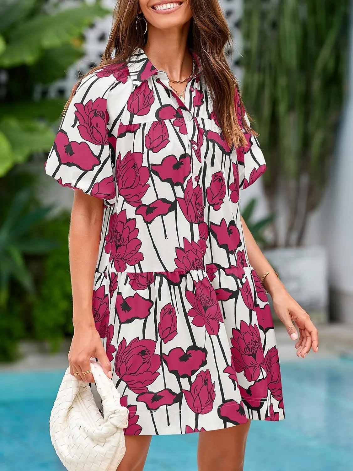 Wenrine Women's Summer Button Down Shirt Dress Floral Puff Short Sleeve Casual Loose Fit Beach Mini Dresses