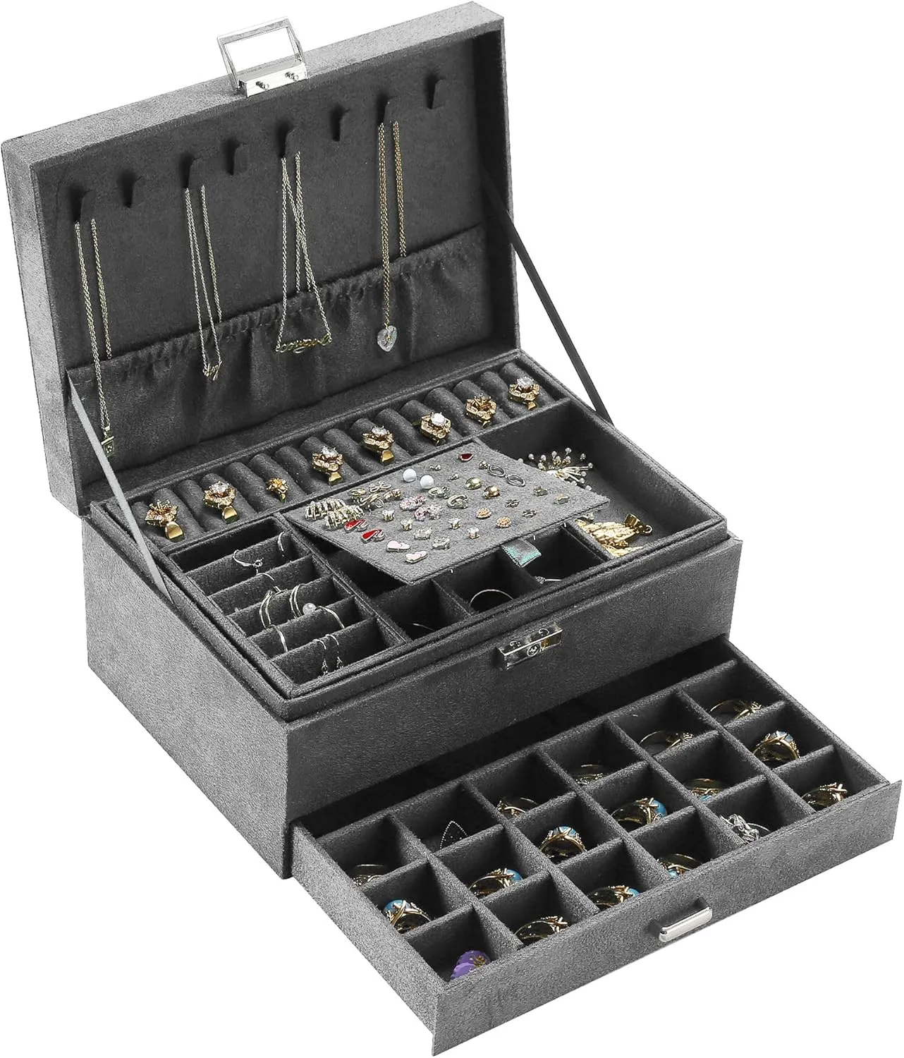 Women Jewelry Organizer Box, 3-Layer Velvet Jewelry Boxes Display Storage Case with Lock for Rings Necklace Earrings (Grey), ZUZ002D
