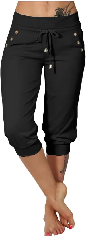 Women Straight Leg Capri Jogger with Pocket Track Cuff Sweatpants Drawstring Pull on Athletic Workout Lounge Shorts