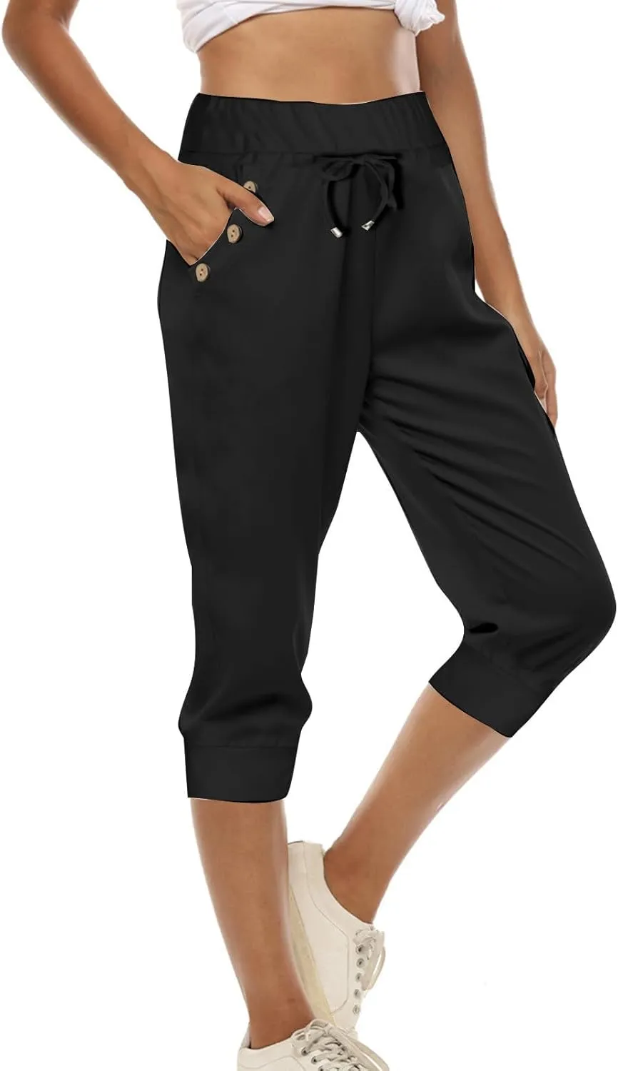 Women Straight Leg Capri Jogger with Pocket Track Cuff Sweatpants Drawstring Pull on Athletic Workout Lounge Shorts