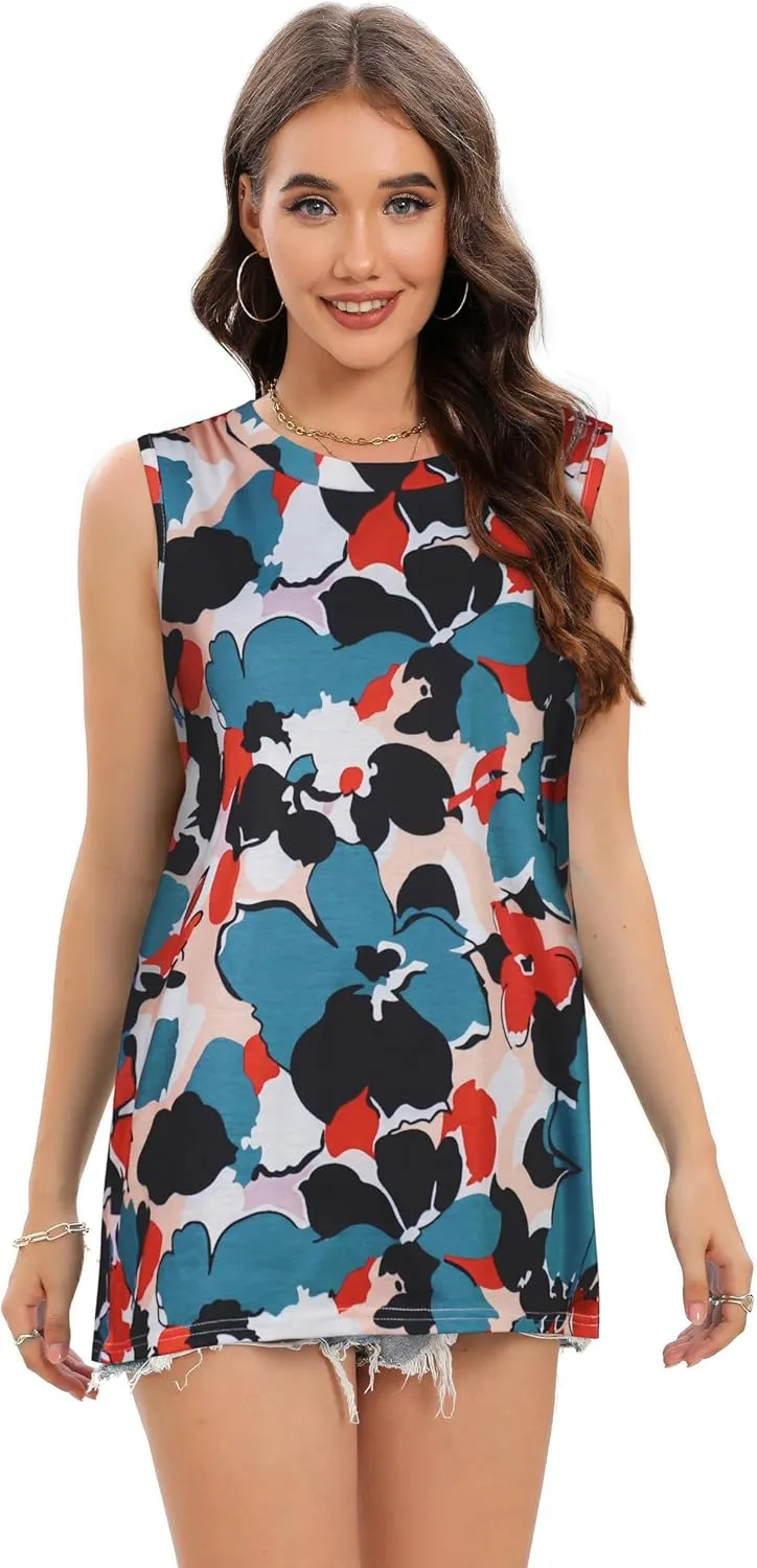 Women Summer Tops Sleeveless Tank Floral Casual Cute Loose Fit Cute T-Shirt Tunic