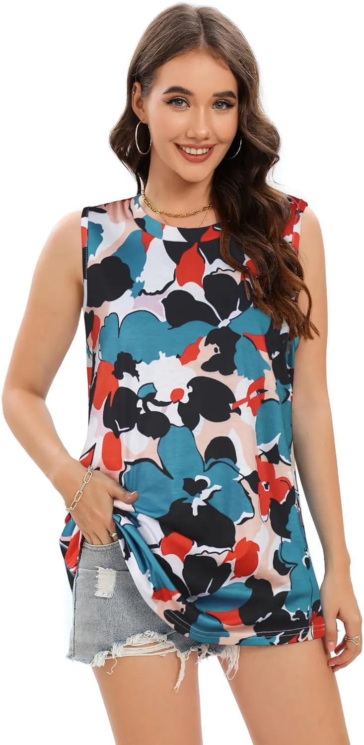 Women Summer Tops Sleeveless Tank Floral Casual Cute Loose Fit Cute T-Shirt Tunic