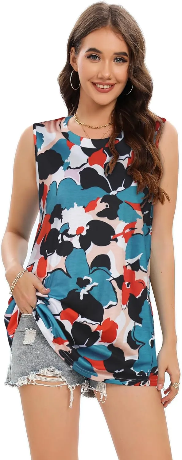 Women Summer Tops Sleeveless Tank Floral Casual Cute Loose Fit Cute T-Shirt Tunic