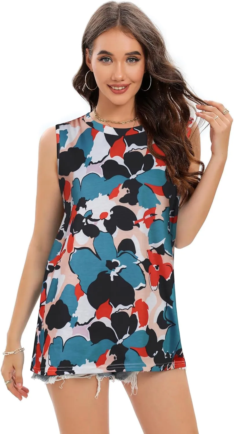 Women Summer Tops Sleeveless Tank Floral Casual Cute Loose Fit Cute T-Shirt Tunic