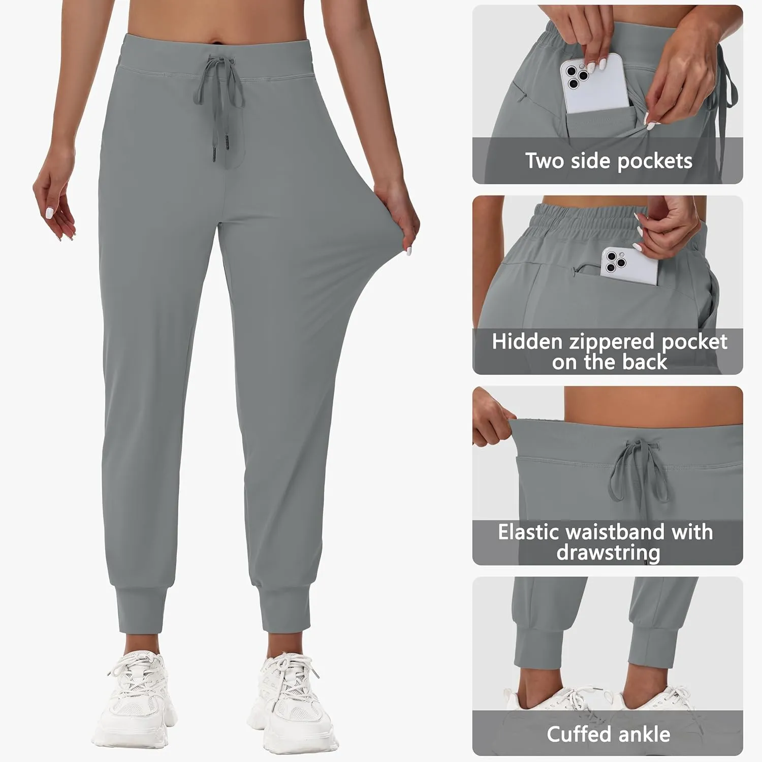 Women's Athletic Joggers Sweatpants - Stretch Workout Running Travel Lounge Jogging Pants with Zipper Pockets