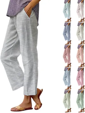 Women's Casual Boho Striped Cotton Linen Pants Elastic Waist Drawstring Summer Beach Baggy Capri Straight Leg Trouser