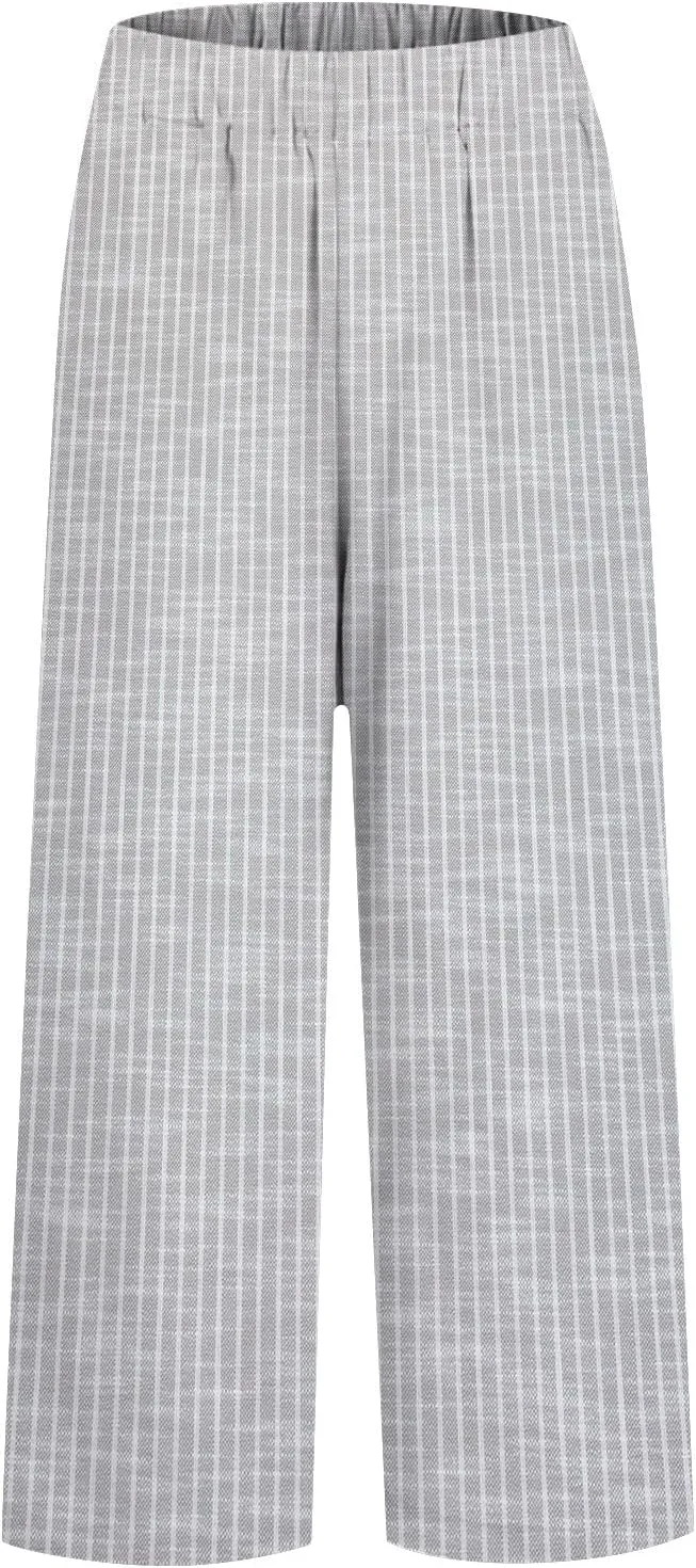 Women's Casual Boho Striped Cotton Linen Pants Elastic Waist Drawstring Summer Beach Baggy Capri Straight Leg Trouser