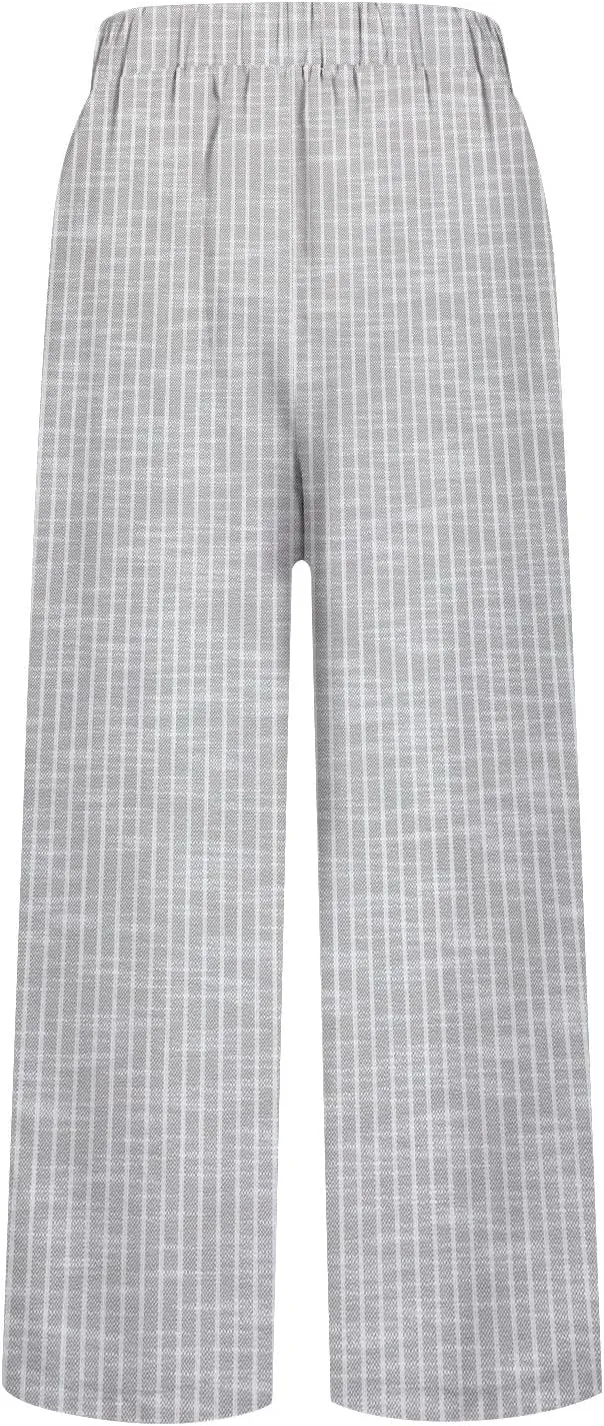 Women's Casual Boho Striped Cotton Linen Pants Elastic Waist Drawstring Summer Beach Baggy Capri Straight Leg Trouser