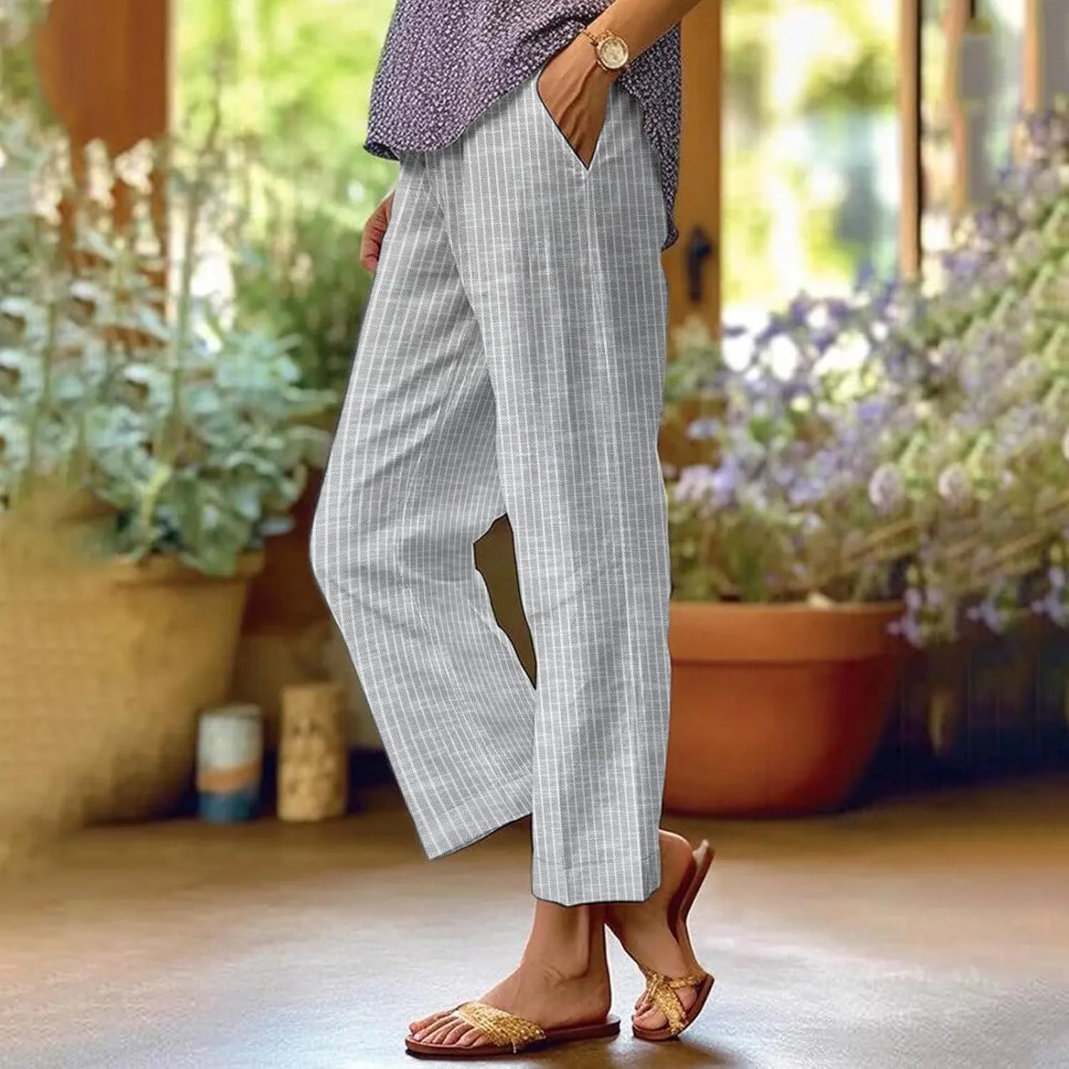 Women's Casual Boho Striped Cotton Linen Pants Elastic Waist Drawstring Summer Beach Baggy Capri Straight Leg Trouser