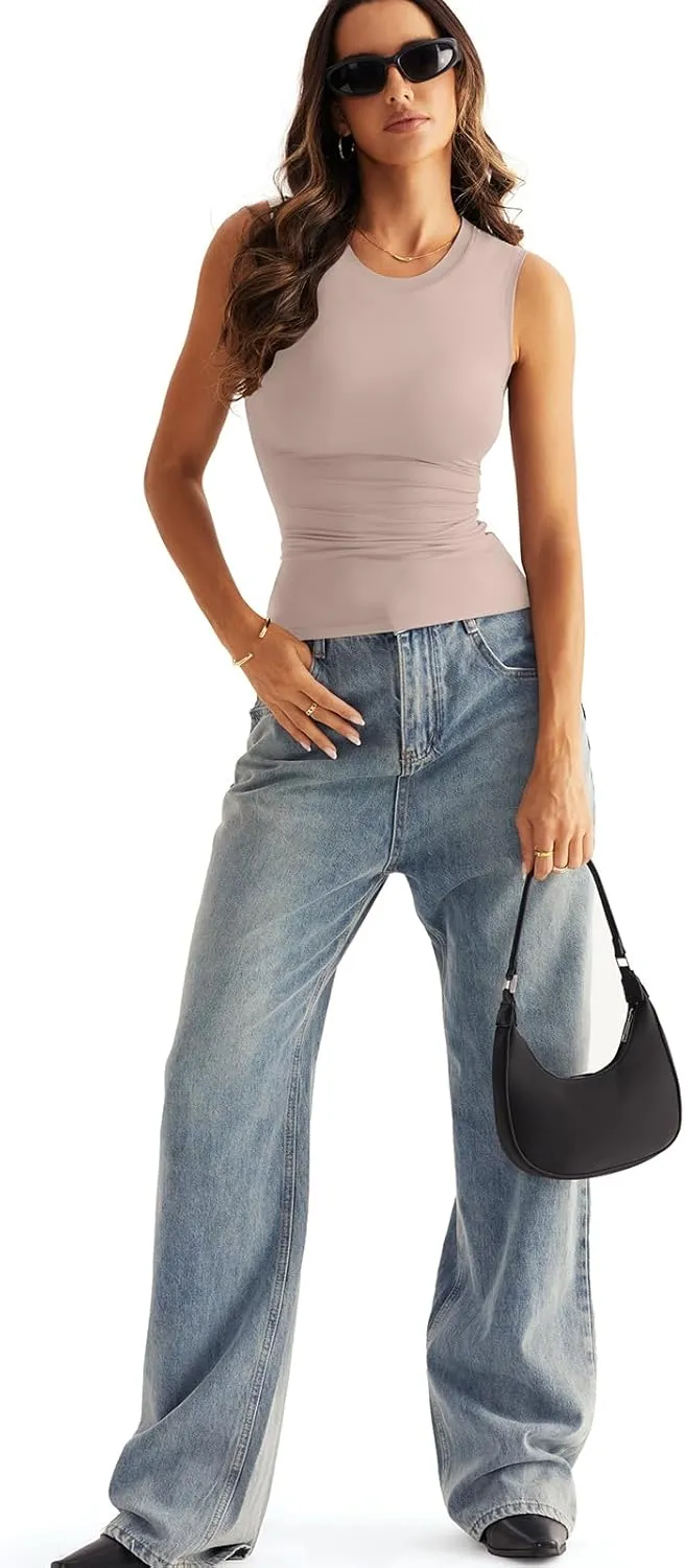 Womens Double Lined Racerback Tank Tops Sleeveless High Neck Fitted Basic Shirts