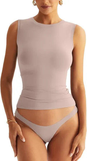 Womens Double Lined Racerback Tank Tops Sleeveless High Neck Fitted Basic Shirts