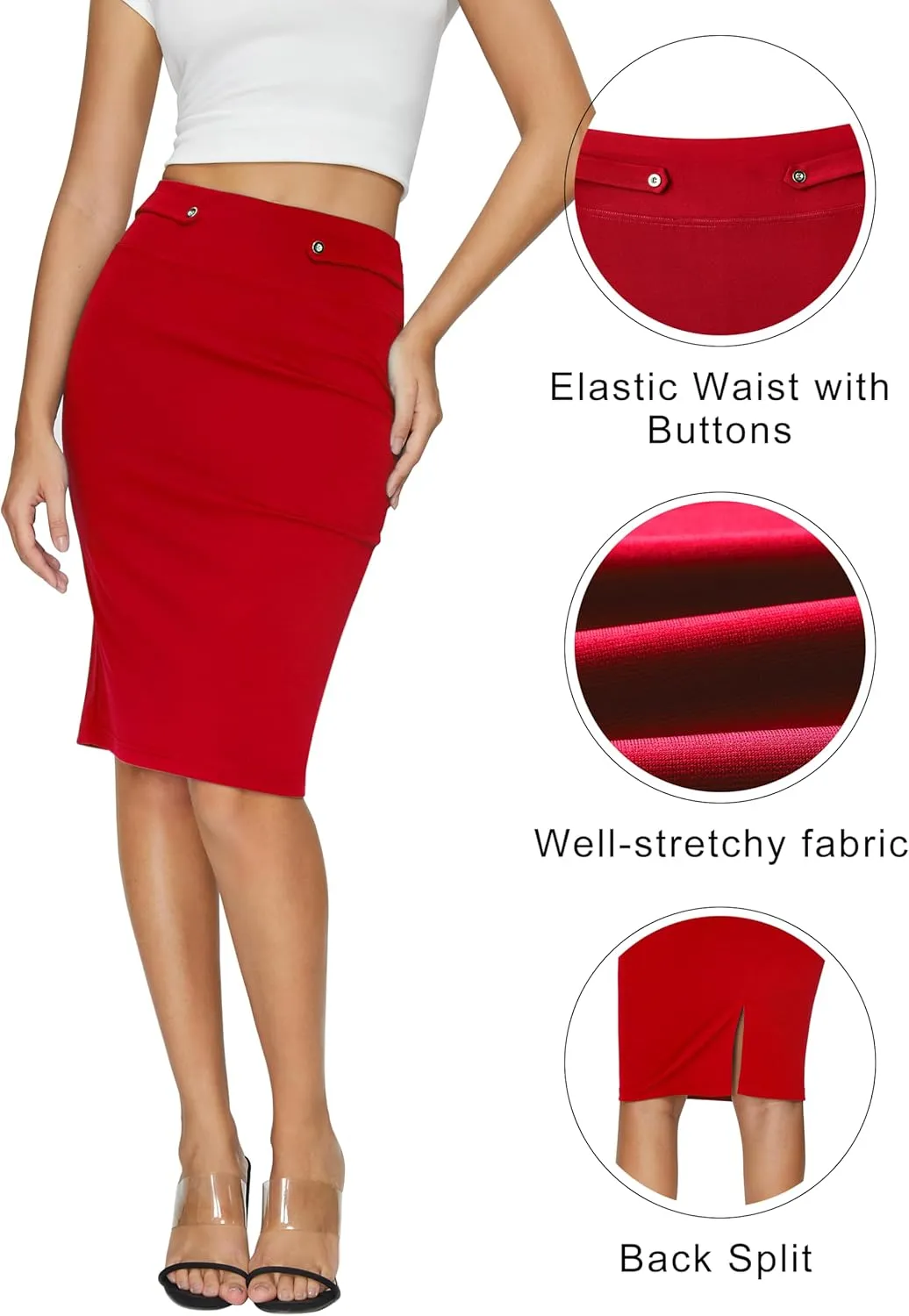 Women's Elastic Waist Stretch Knee Length Midi Pencil Skirt Cute Button Bodycon Work Dress Skirts with Slit