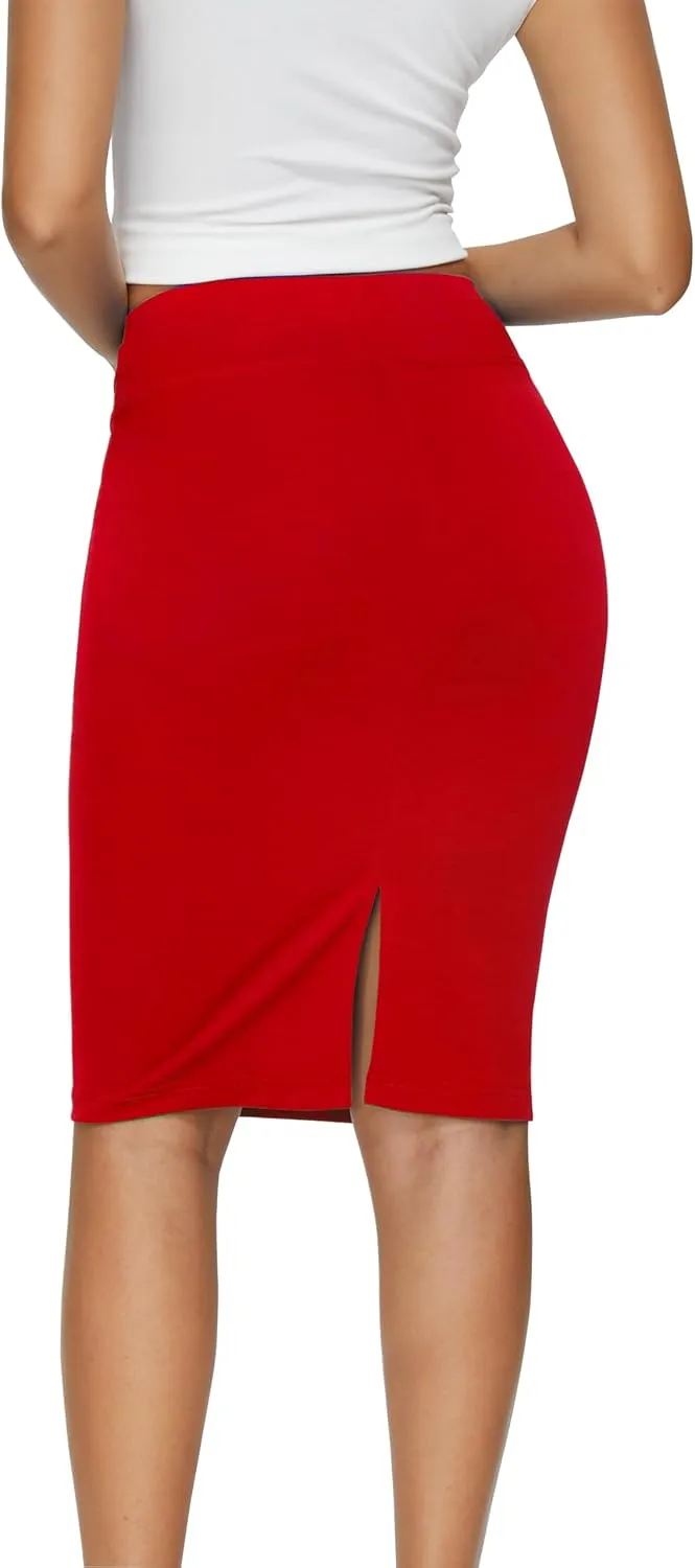 Women's Elastic Waist Stretch Knee Length Midi Pencil Skirt Cute Button Bodycon Work Dress Skirts with Slit