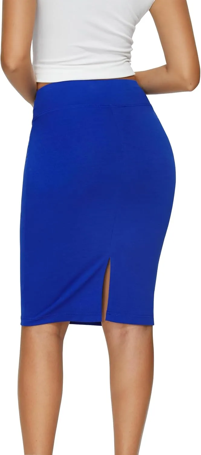 Women's Elastic Waist Stretch Knee Length Midi Pencil Skirt Cute Button Bodycon Work Dress Skirts with Slit