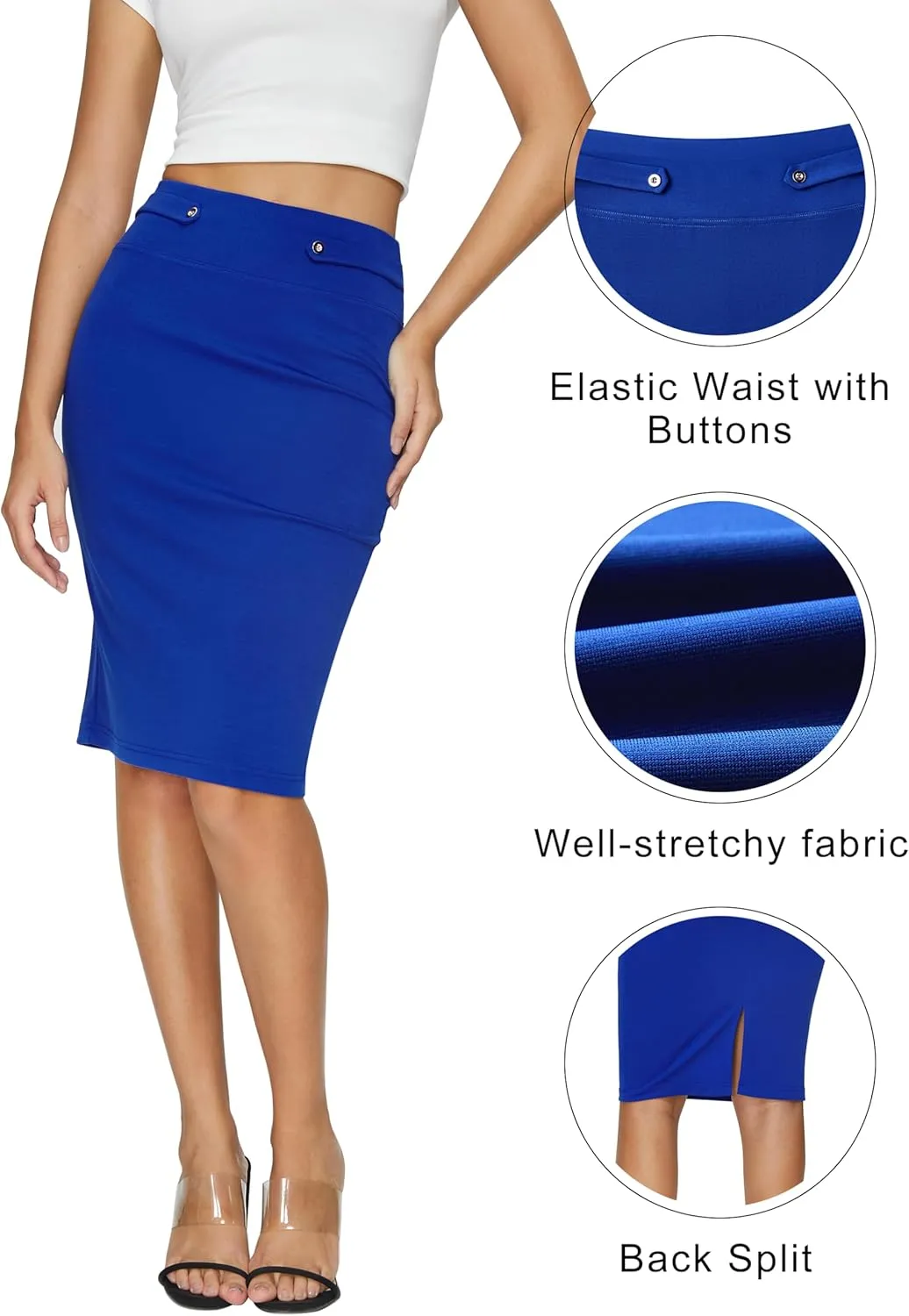 Women's Elastic Waist Stretch Knee Length Midi Pencil Skirt Cute Button Bodycon Work Dress Skirts with Slit