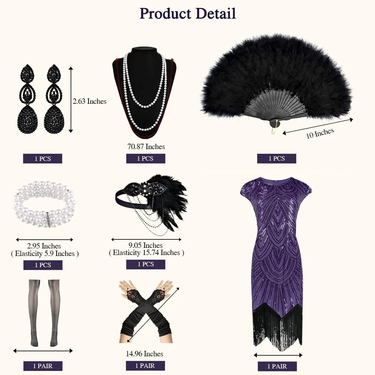 Women's Flapper Dresses 1920s Sequin Fringe Beaded Cocktail Crew Neck Dress Roaring 20s Accessories Vintage Lace Fan Headband