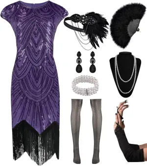 Women's Flapper Dresses 1920s Sequin Fringe Beaded Cocktail Crew Neck Dress Roaring 20s Accessories Vintage Lace Fan Headband
