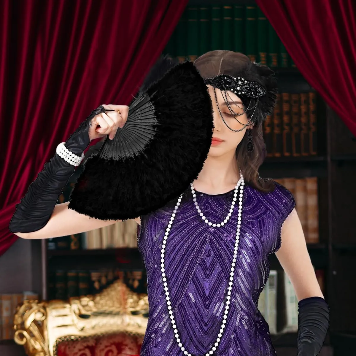 Women's Flapper Dresses 1920s Sequin Fringe Beaded Cocktail Crew Neck Dress Roaring 20s Accessories Vintage Lace Fan Headband