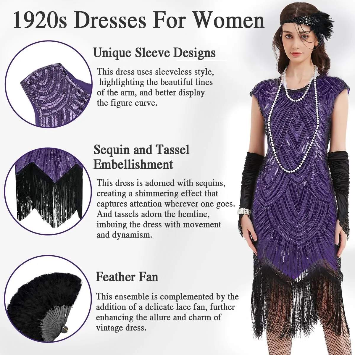 Women's Flapper Dresses 1920s Sequin Fringe Beaded Cocktail Crew Neck Dress Roaring 20s Accessories Vintage Lace Fan Headband