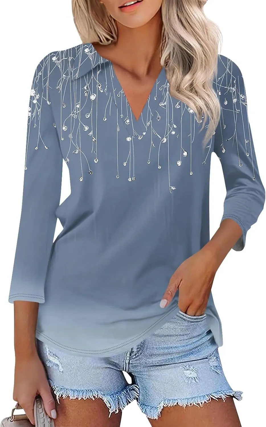 Women's Floral Embroidered V-Neck 3/4 Sleeve Casual Blouse Top Comfortable and Stylish for Everyday Wear